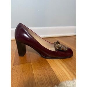 Louis Vuitton Damier Ebene Bow Pump IT37 US6.5 Burgundy Patent Vintage COA